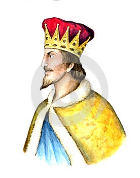 Russian Medieval King Sviatopolk I Vladimirovich. Watercolor hand drawn portrait.